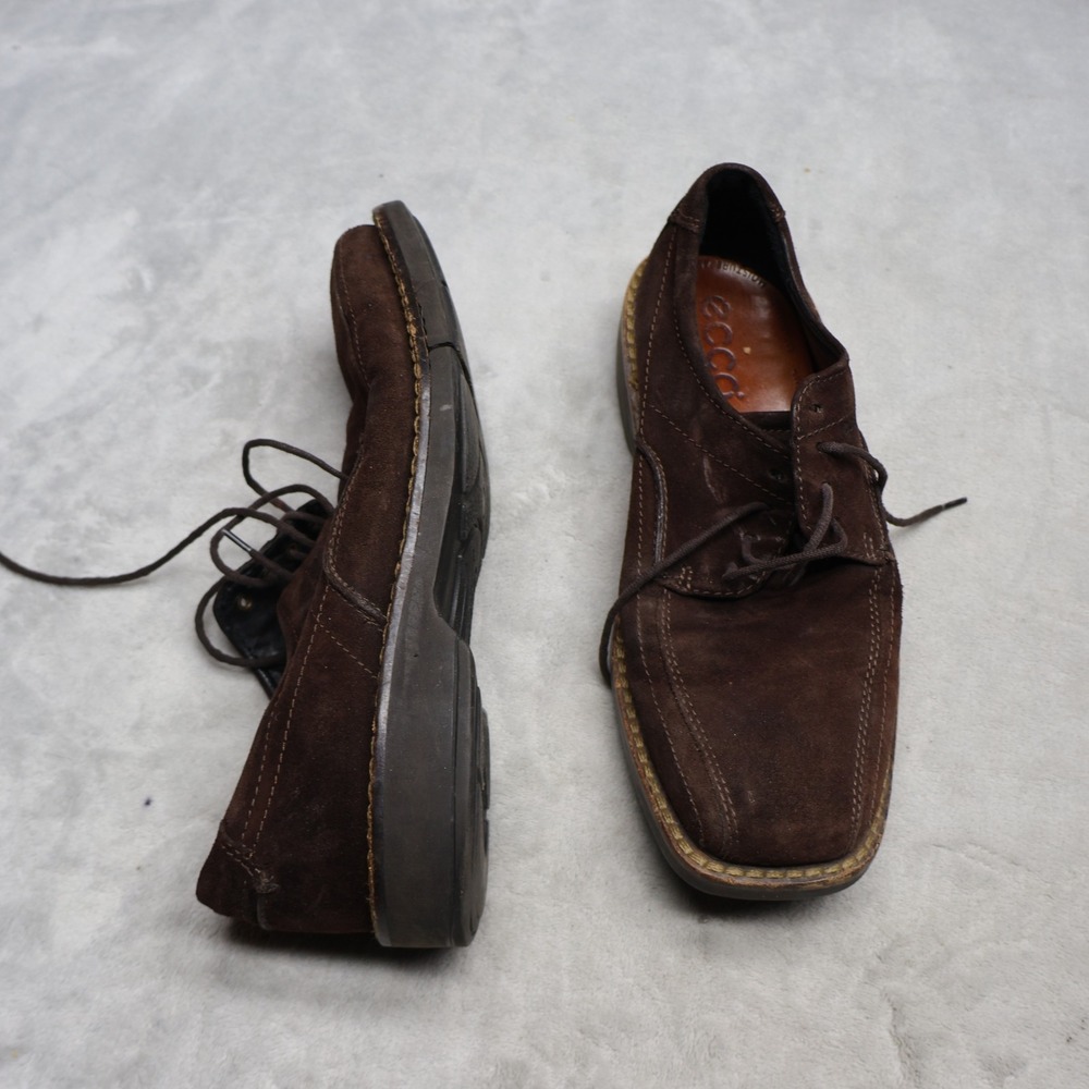 Ecco Mens 7.5 Oxford Brown Suede Lace Up Leather Square Comfort Dress Shoes 40EU